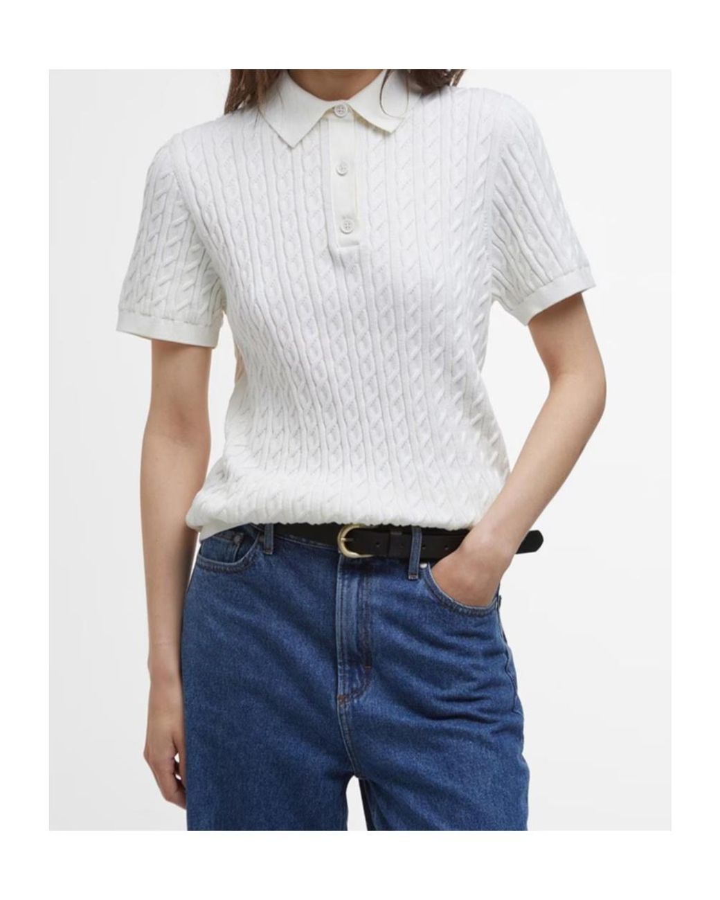 Barbour White Hartland Short Sleeve Polo Neck Jumper