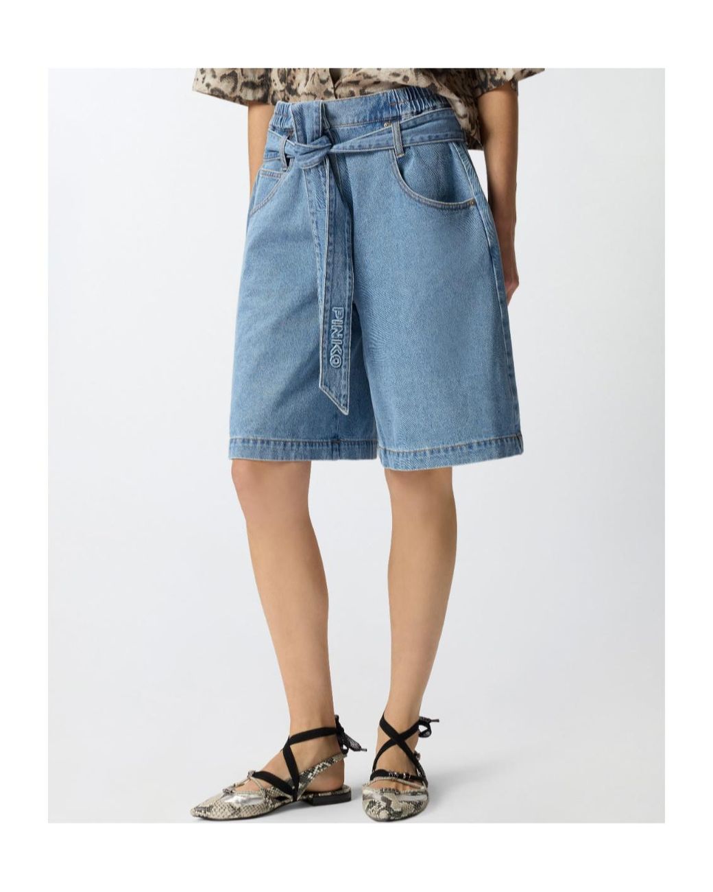 Pinko Blue Wide-Leg Denim Bermuda Shorts With Belt