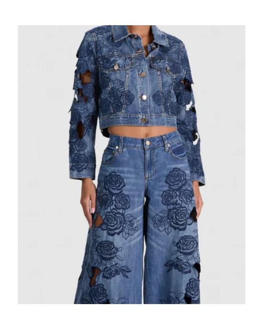 Alice + Olivia Blue Chloe Laser-Cut Denim Jacket