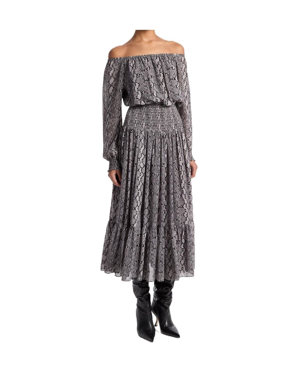 Michael Kors Gray Michael Embossed Georgette Smocked Maxi Dress