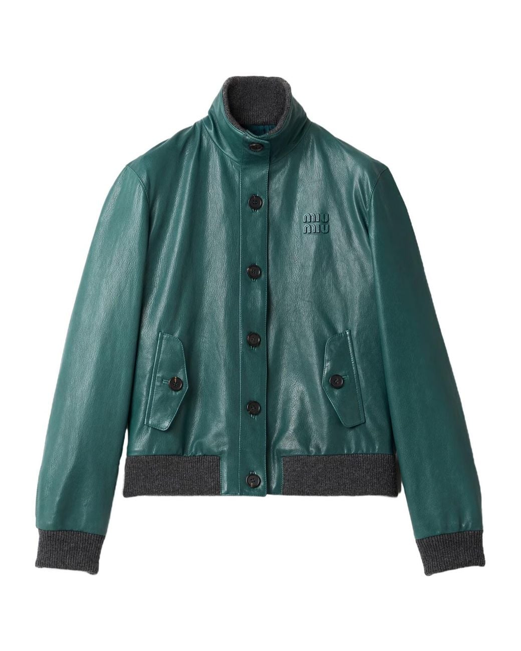 Miu Miu Green Long-Sleeved Leather Jacket
