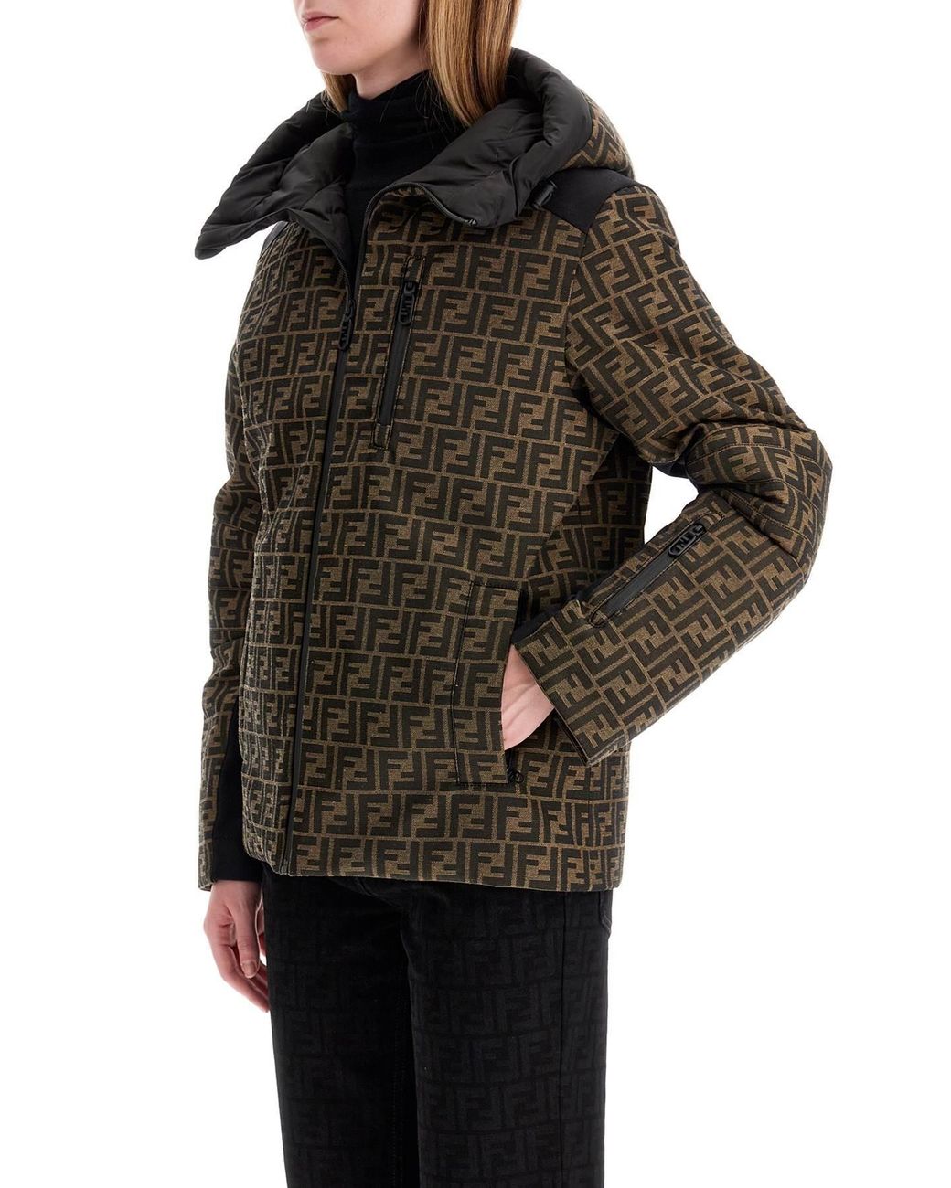 Fendi Green Ff Motif Zip-Up Hooded Jacket