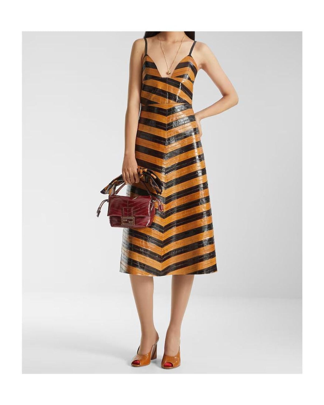 Fendi Orange Two-Tone Chevron Hagfish Leather Dress