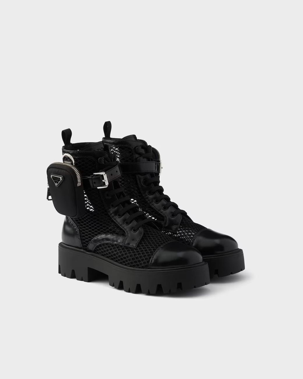 Prada Black Mesh Fabric And Brushed Leather Booties With Pouch