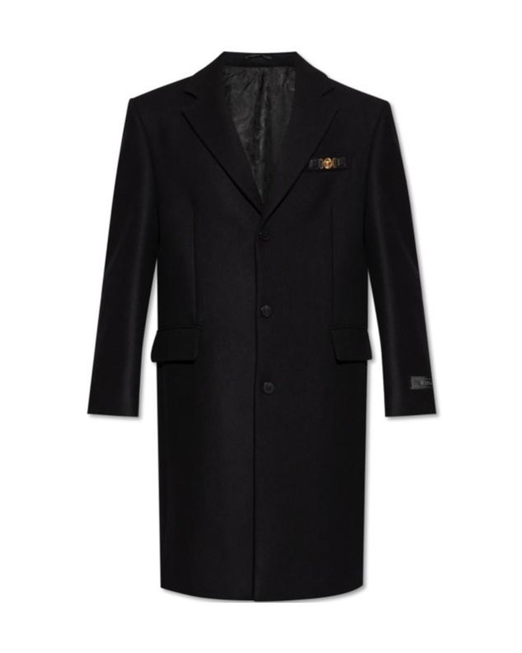 Versace Black Logo-Patch Button-Up Long Coat for men