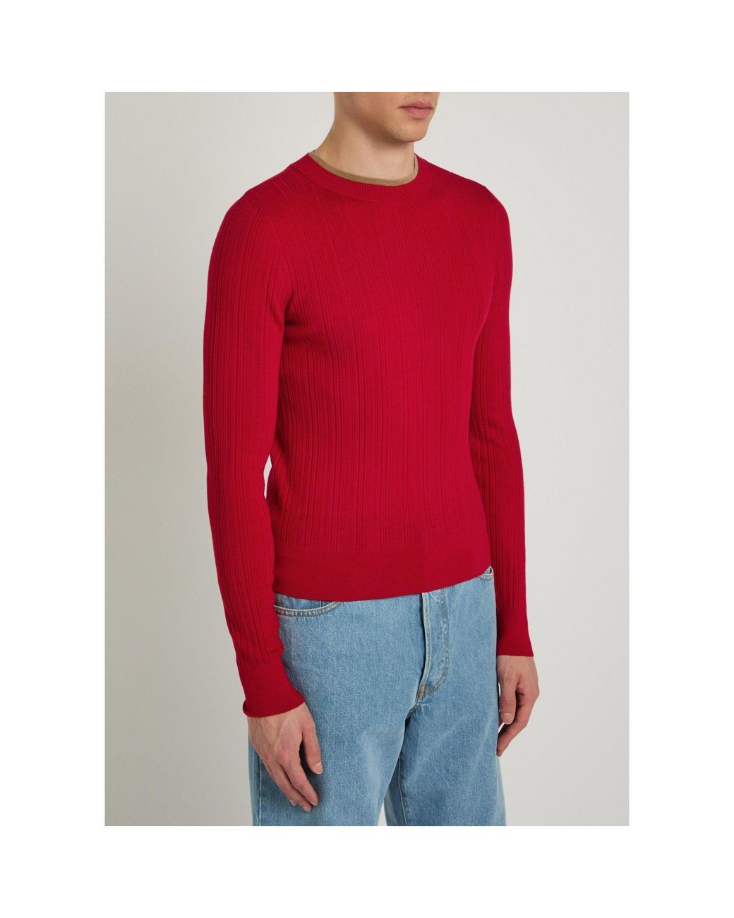 Dries Van Noten Red Round-Neck Vertical Ribbed Knit Top for men