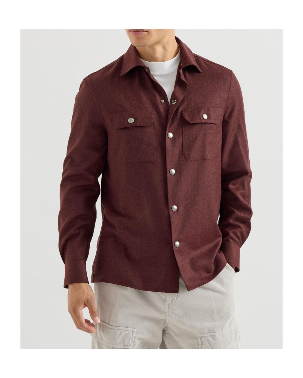 Brunello Cucinelli Purple Virgin Wool Flannel Overshirt With Spread Collar And Chest Pockets for men