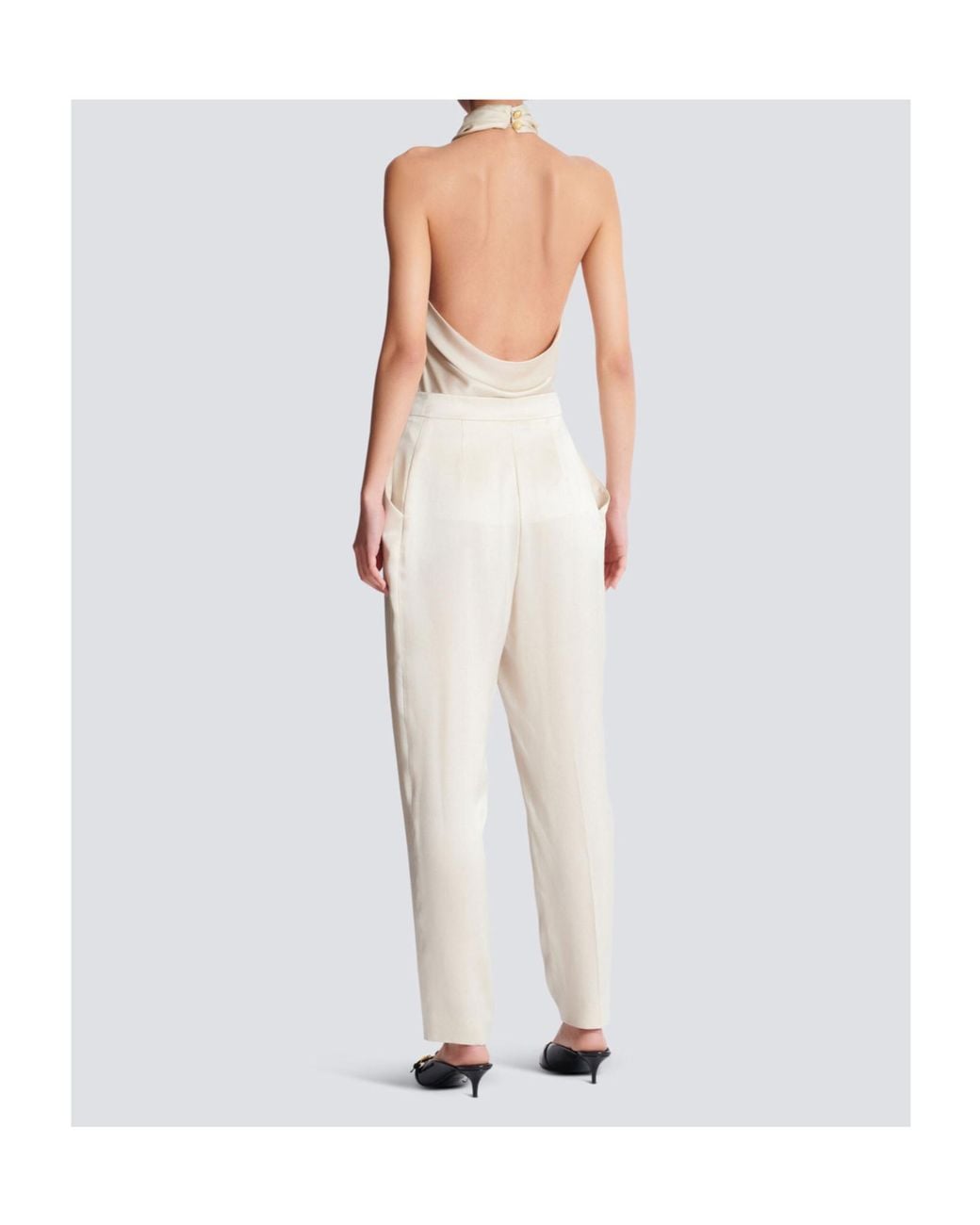 Balmain White High-Waisted Silk Trousers