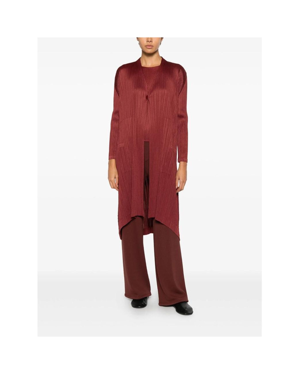 Pleats Please Issey Miyake Red Monthly Colors: October Pleated-Button Coat