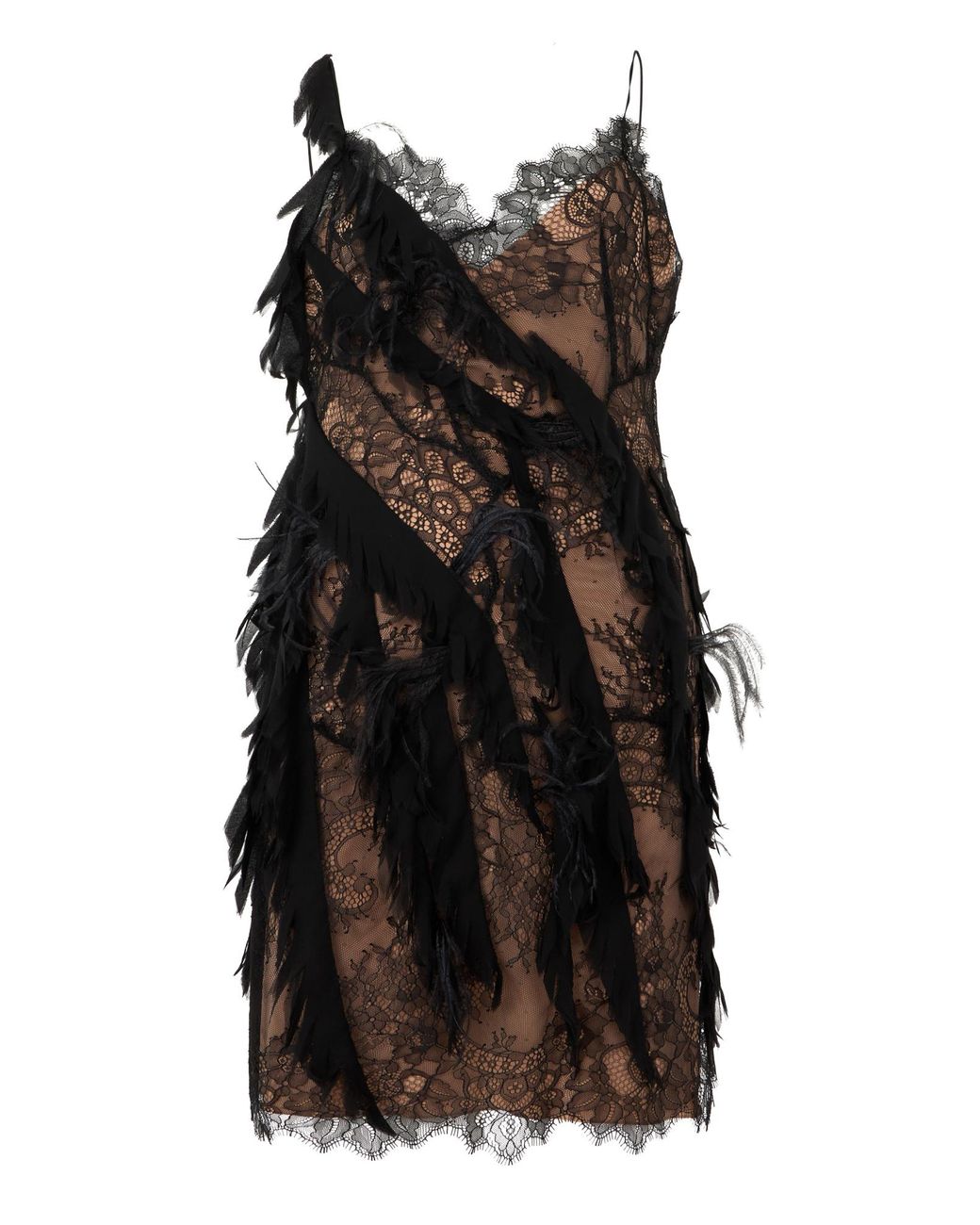 Alberta Ferretti Black Feather Embellished Spaghetti Strap Mini Dress