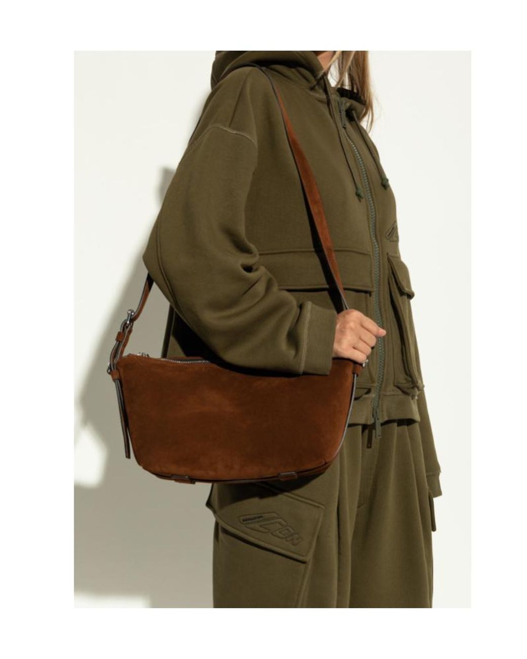 Moschino Brown Logo Embossed Zipped Shoulder Bag
