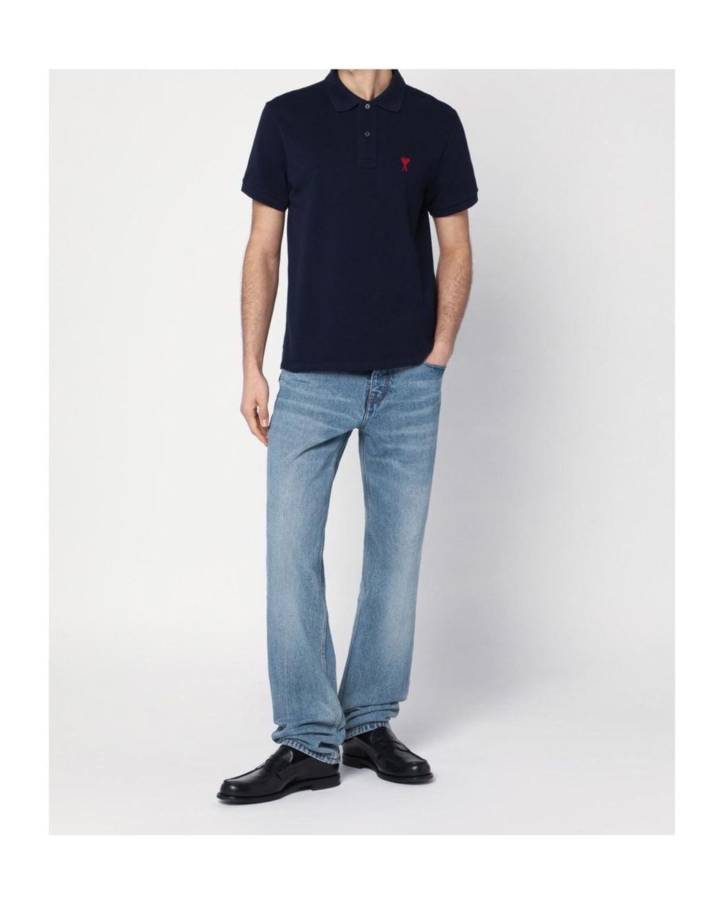 AMI Blue Cotton Polo With Ami De Coeur for men