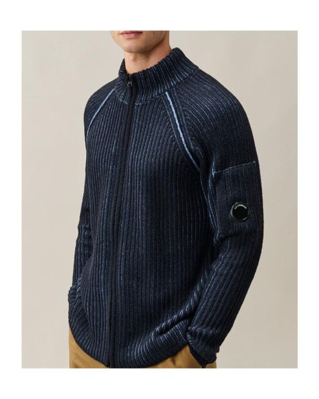 C P Company Blue Fleece Knit Lens Full Zip Cardigan for men