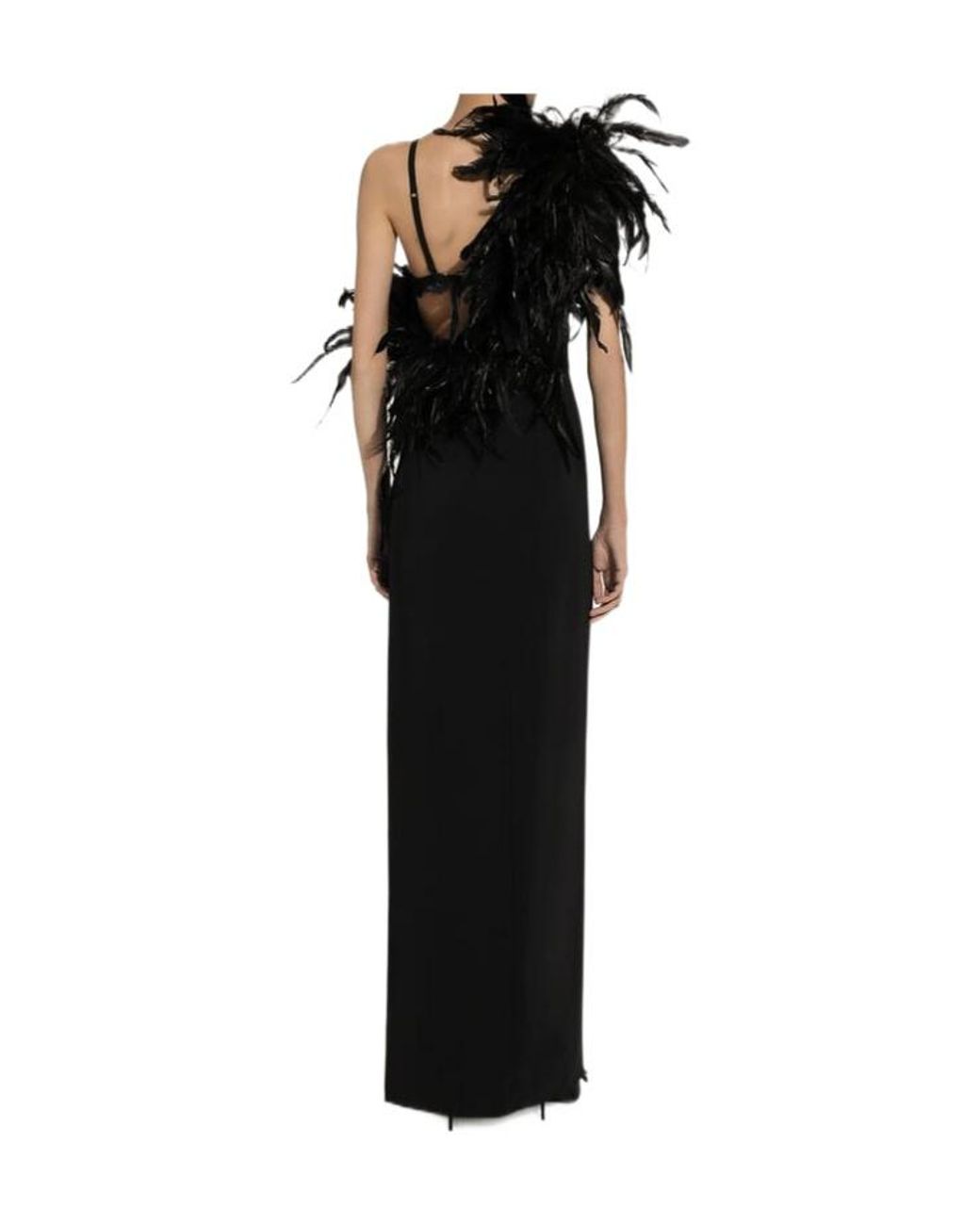 Dolce & Gabbana Black One-Shoulder Feathered Gown