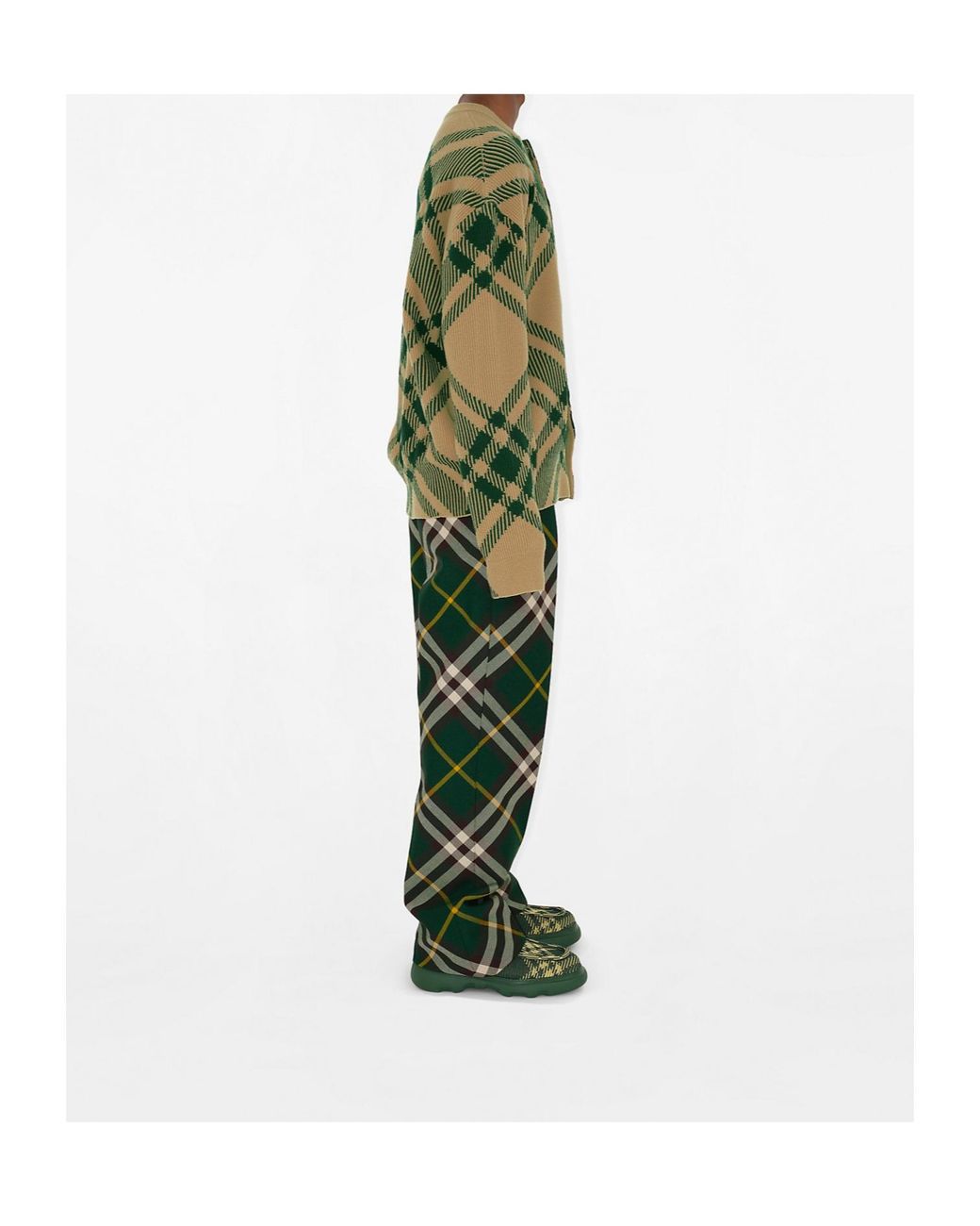 Burberry Green Checkered Intarsia Knit Crewneck Cardigan for men