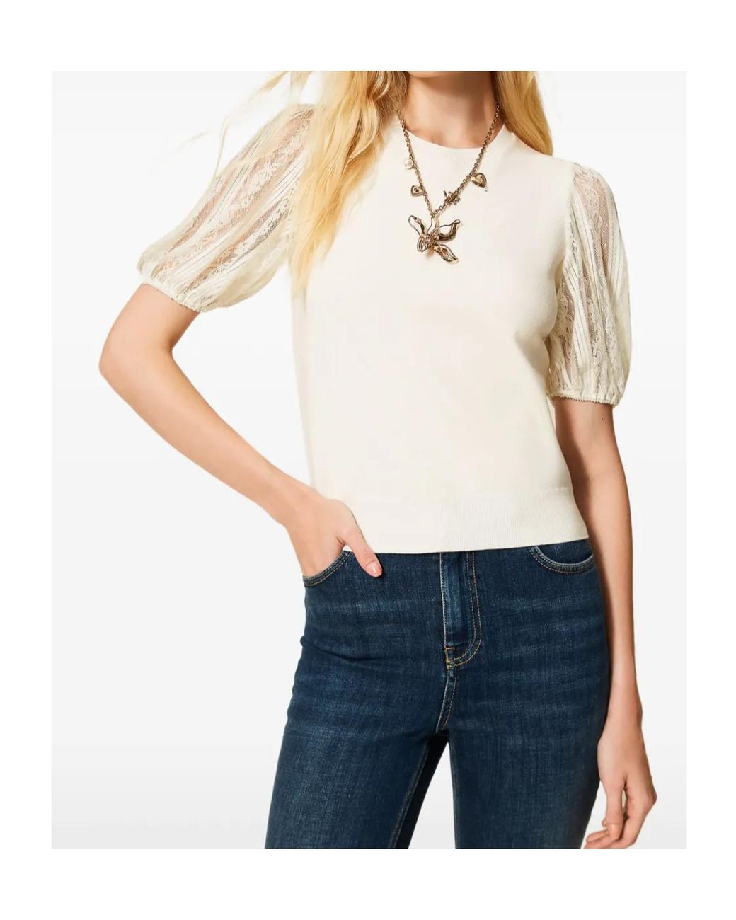 Twinset White Lace-Sleeve Top