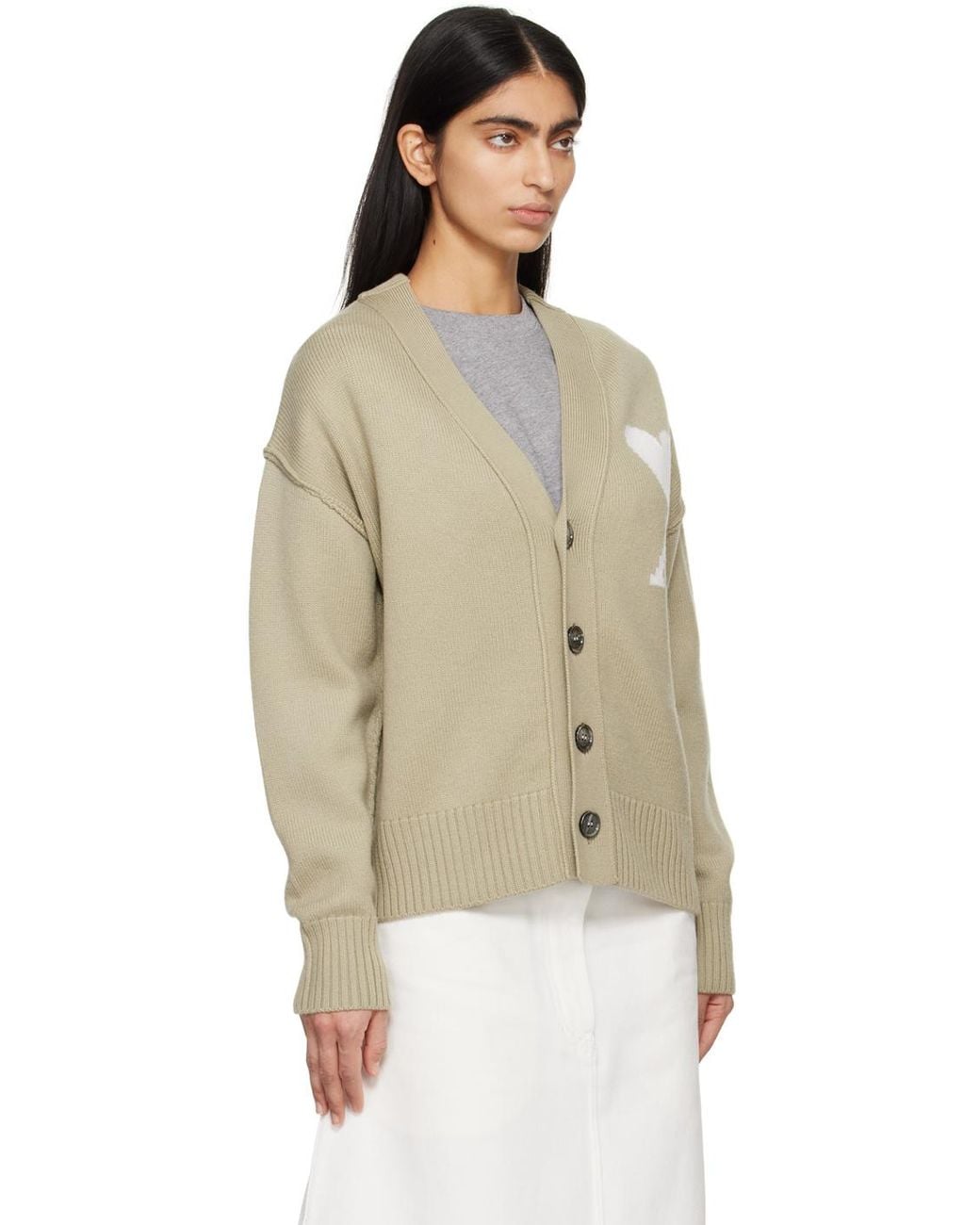 AMI Green Ami De Coeur Logo Intarsia Knitted Cardigan for men