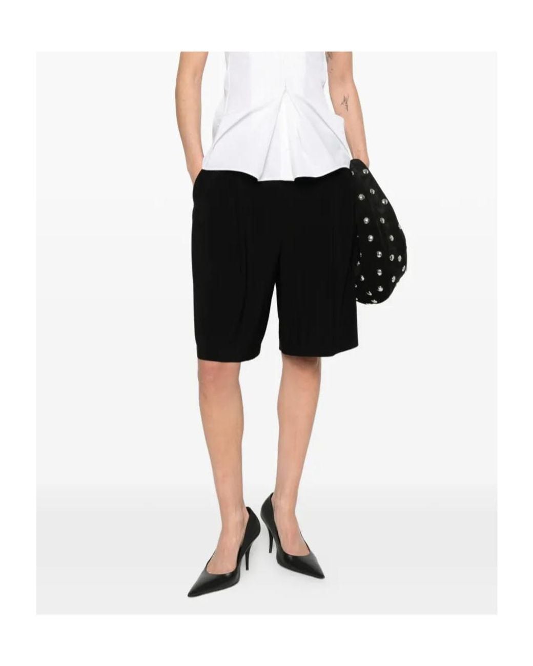 Norma Kamali Black Pleated Bermuda Shorts