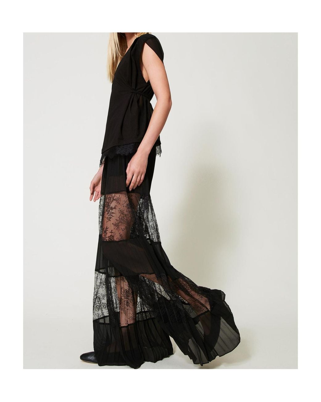 Twinset Black Lace Pleated Georgette Trousers