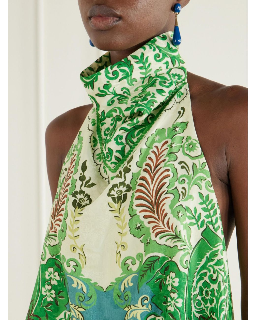 ALÉMAIS Green Floral-Jacquard Satin Top