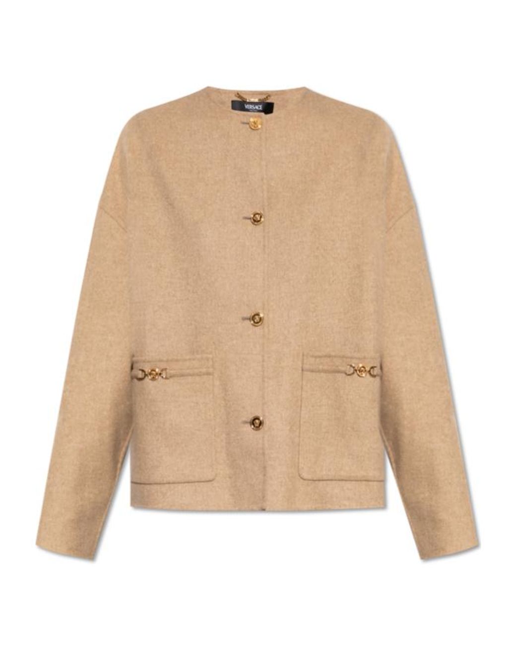 Versace Natural Crewneck Button-Up Jacket
