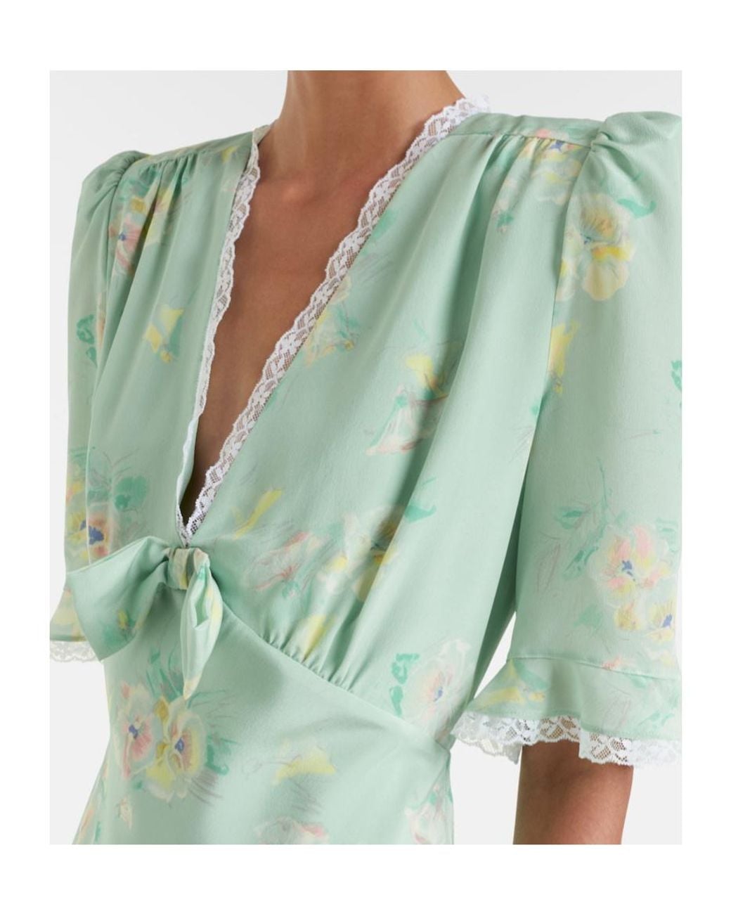 Alessandra Rich Green Lace-Trimmed Floral Silk Minidress