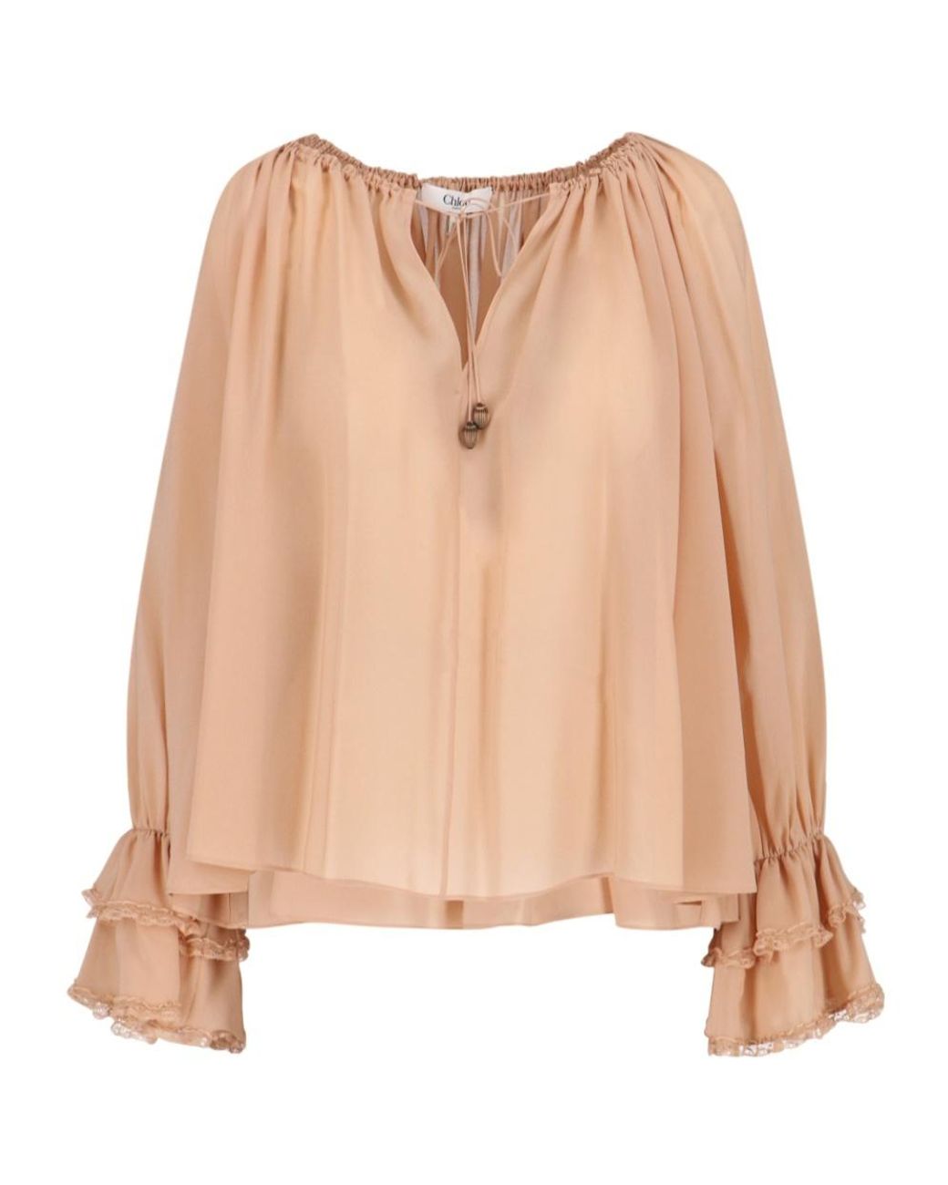Chloé Natural Chloé Gathered V-Neck Drawstring Top