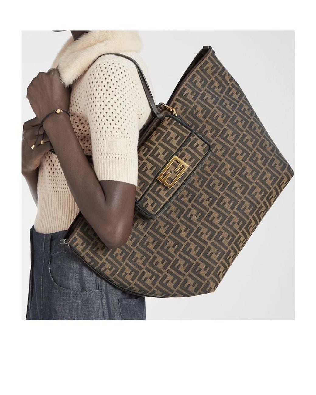 Fendi Brown Tobacco Ff Jacquard And Striped Pequin Fabric Shopper