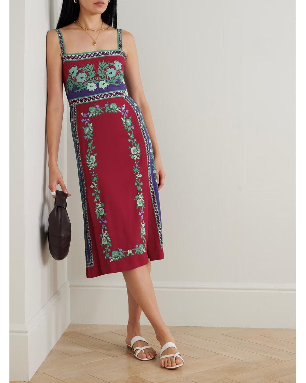 LaDoubleJ Red Buy Me A Martini Floral-Print Stretch-Crepe Midi Dress