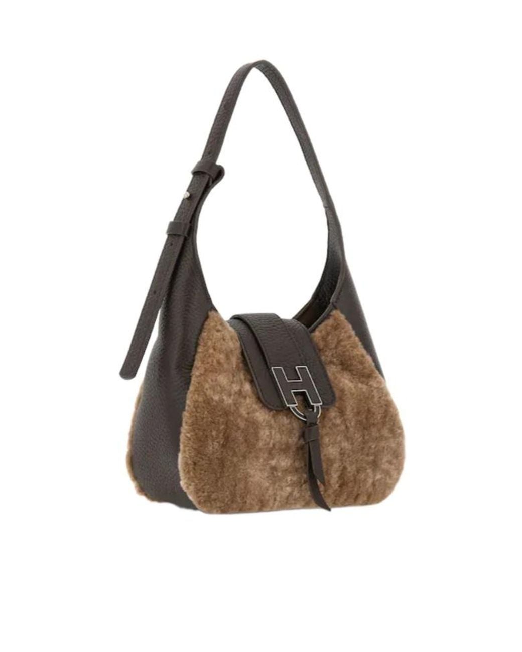 Hogan Brown Faux Fur Panel Shoulder Bag