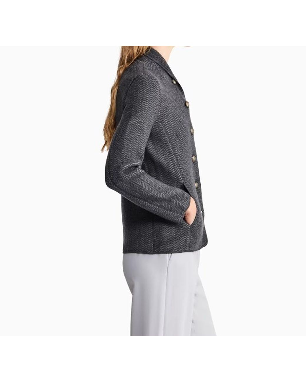 Giorgio Armani Gray Herringbone Cashmere Knit Jacket With Stand Collar