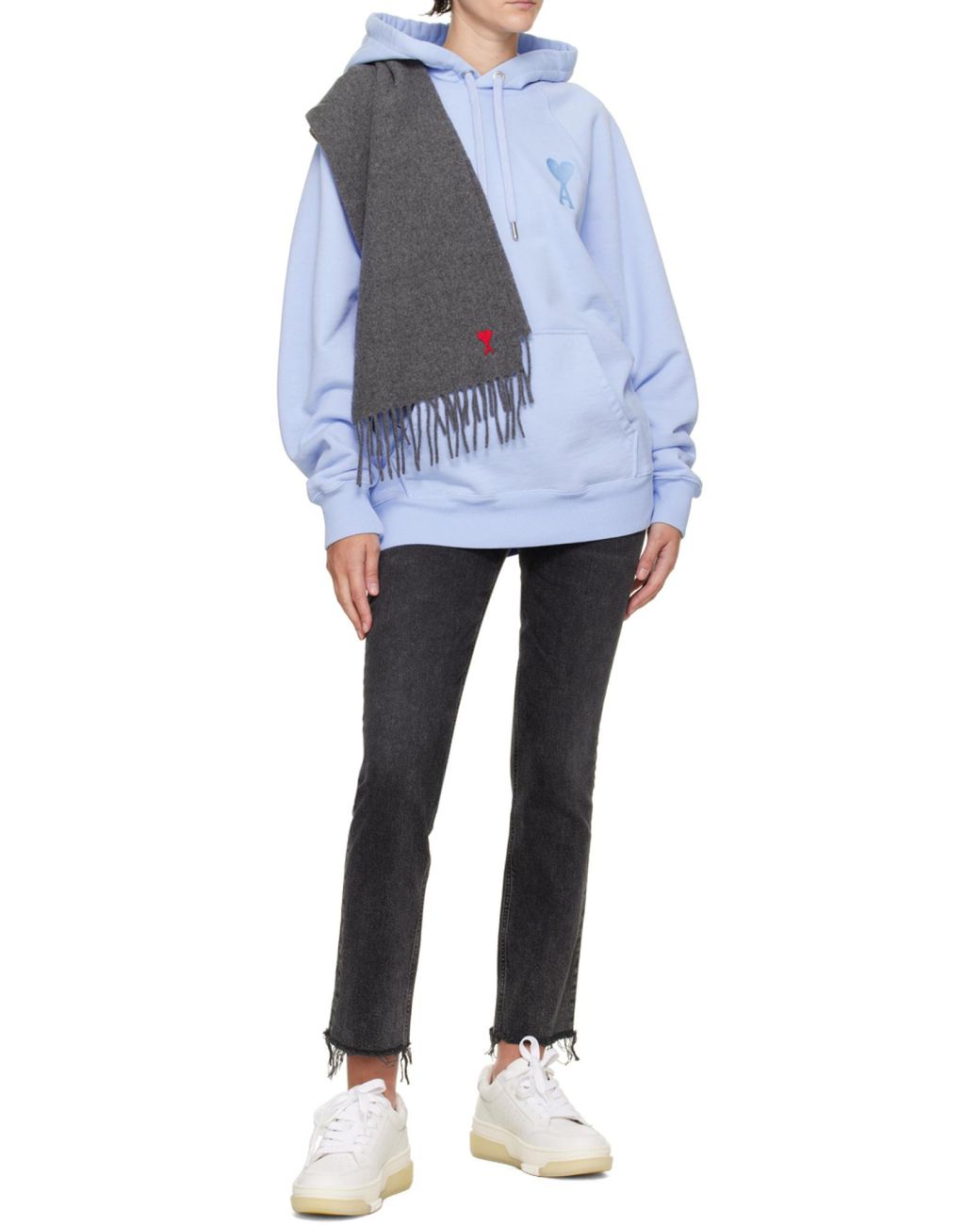 AMI Gray Ami Logo Embroidered Fringed Scarf for men
