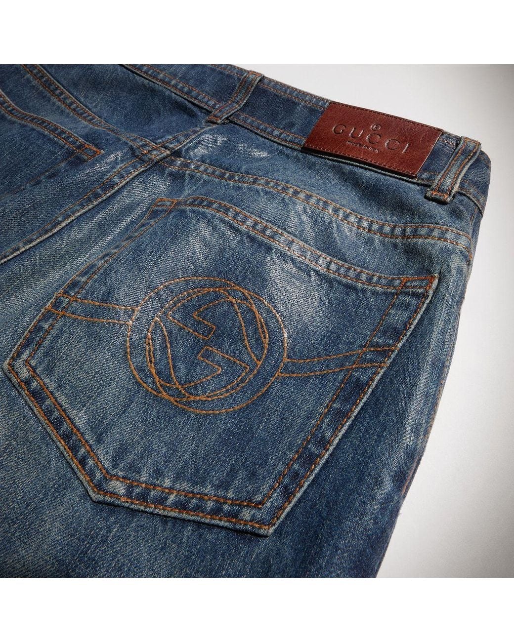 Gucci Blue Regular-Fit Interlocking G Embroidered Jeans