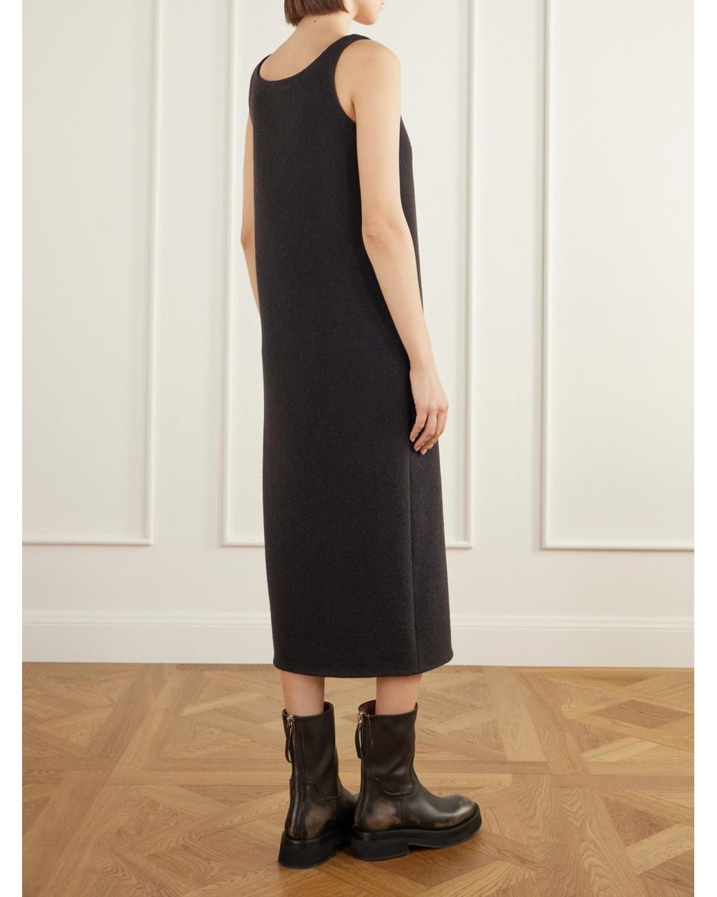 Rier Black Felted Wool-Fleece Midi Dress