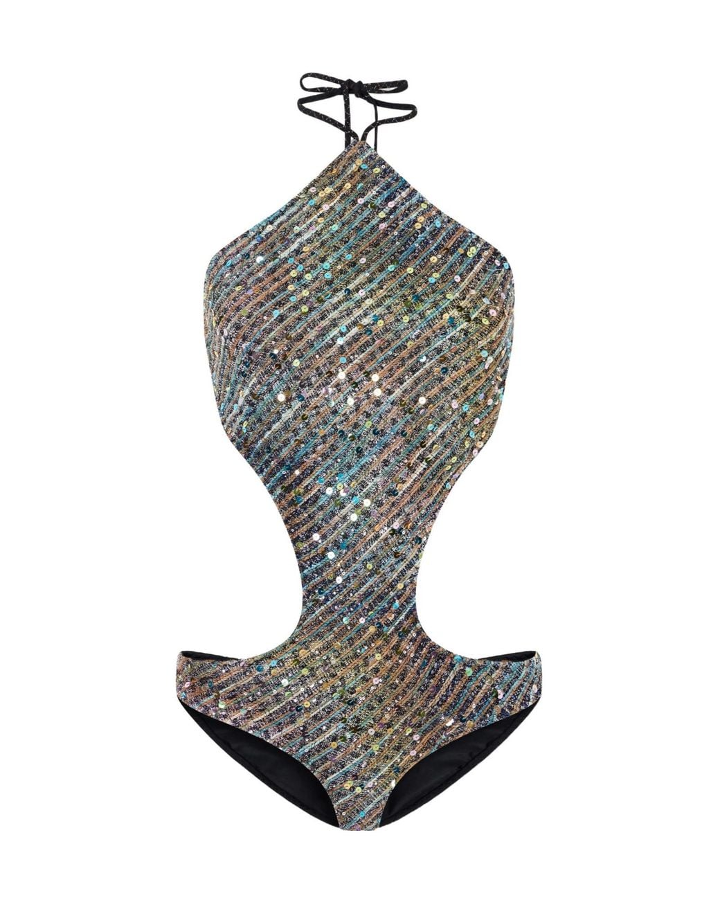 Missoni Gray Cut-Out Sequin-Embellished Striped Metallic Halterneck Swimsuit