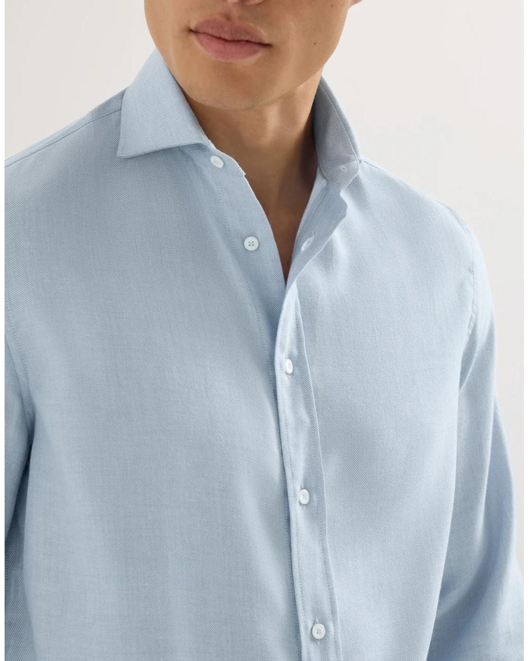 Brunello Cucinelli Blue Cotton And Cashmere Denim-Effect Diagonal Shirt With Spread Collar for men