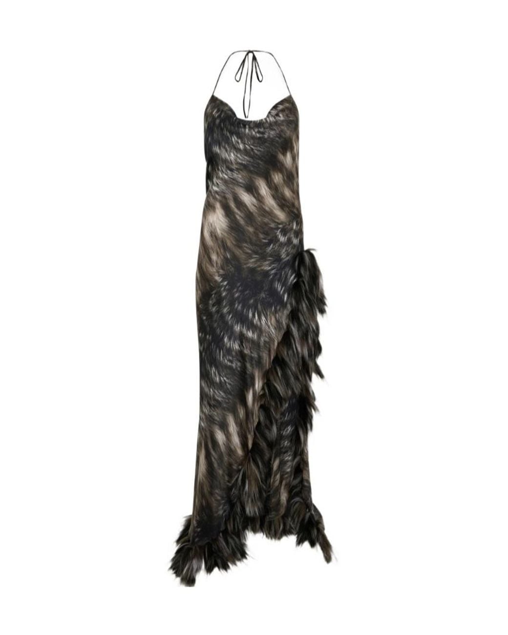 Roberto Cavalli Black Maxi Fur-Print Halterneck Dress