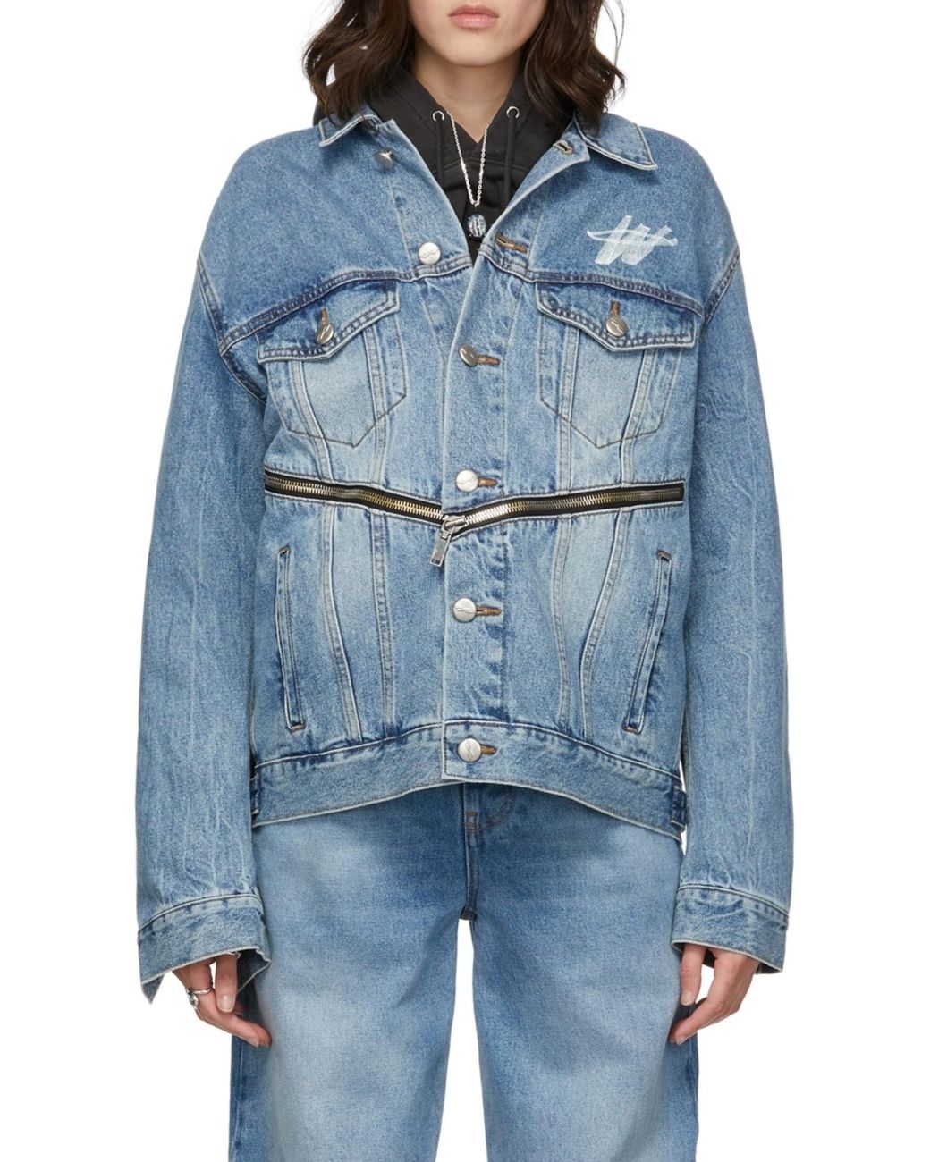 we11done Blue Logo-Print Zip-Detail Denim Jacket for men