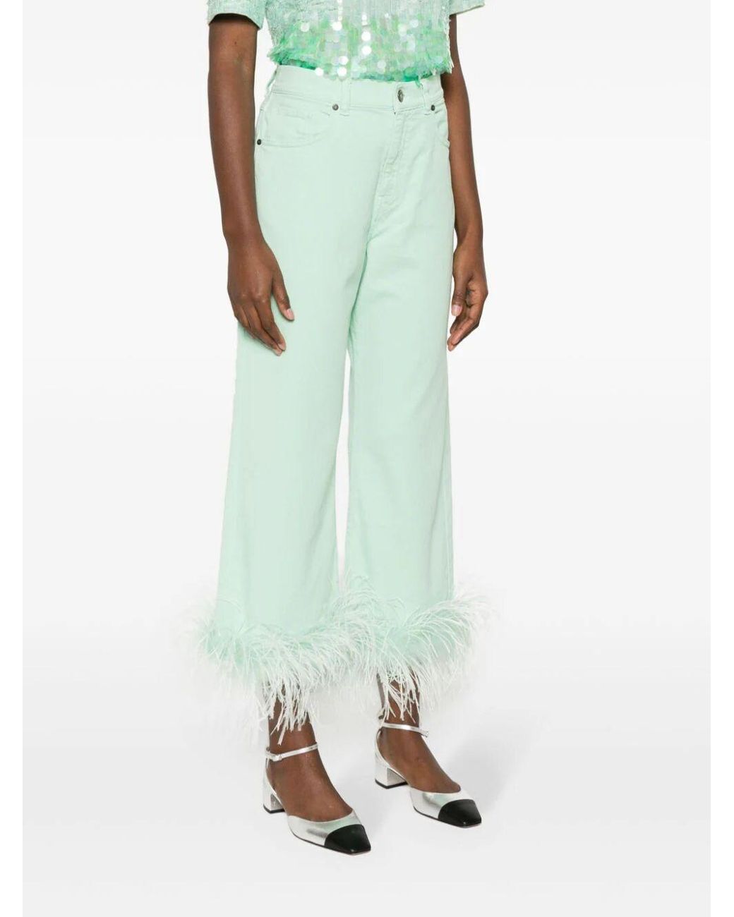 P.A.R.O.S.H. Green Feather-Trim Stretch-Cotton Jeans