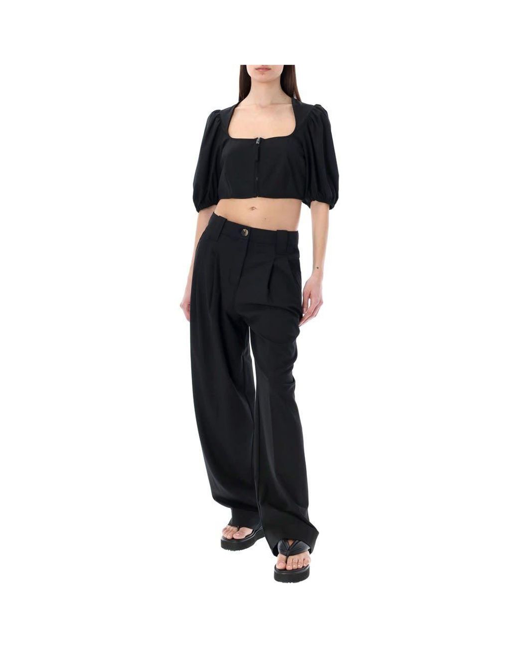 Ganni Black Puff Sleeved Cropped Top