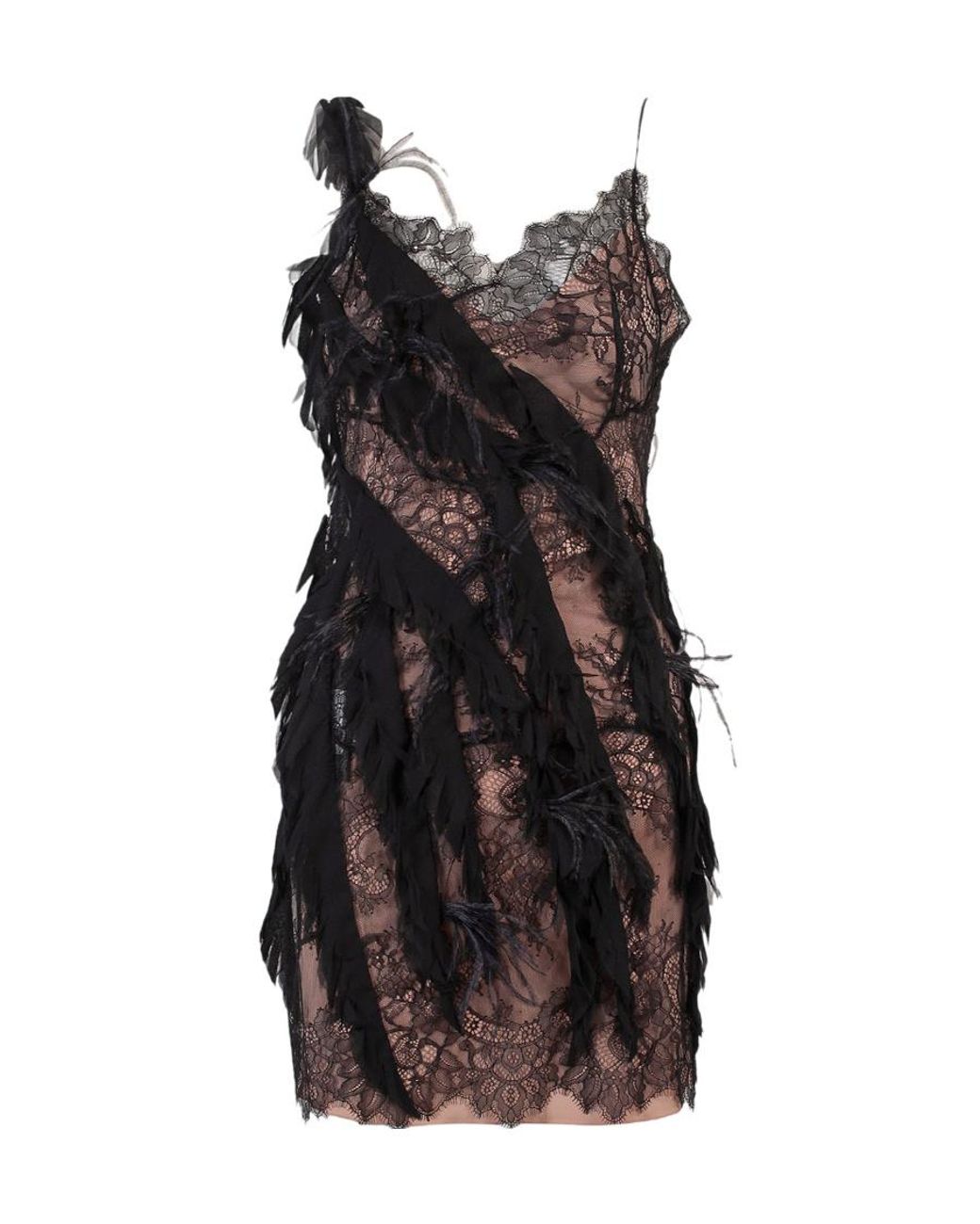 Alberta Ferretti Black Feather Embellished Spaghetti Strap Mini Dress