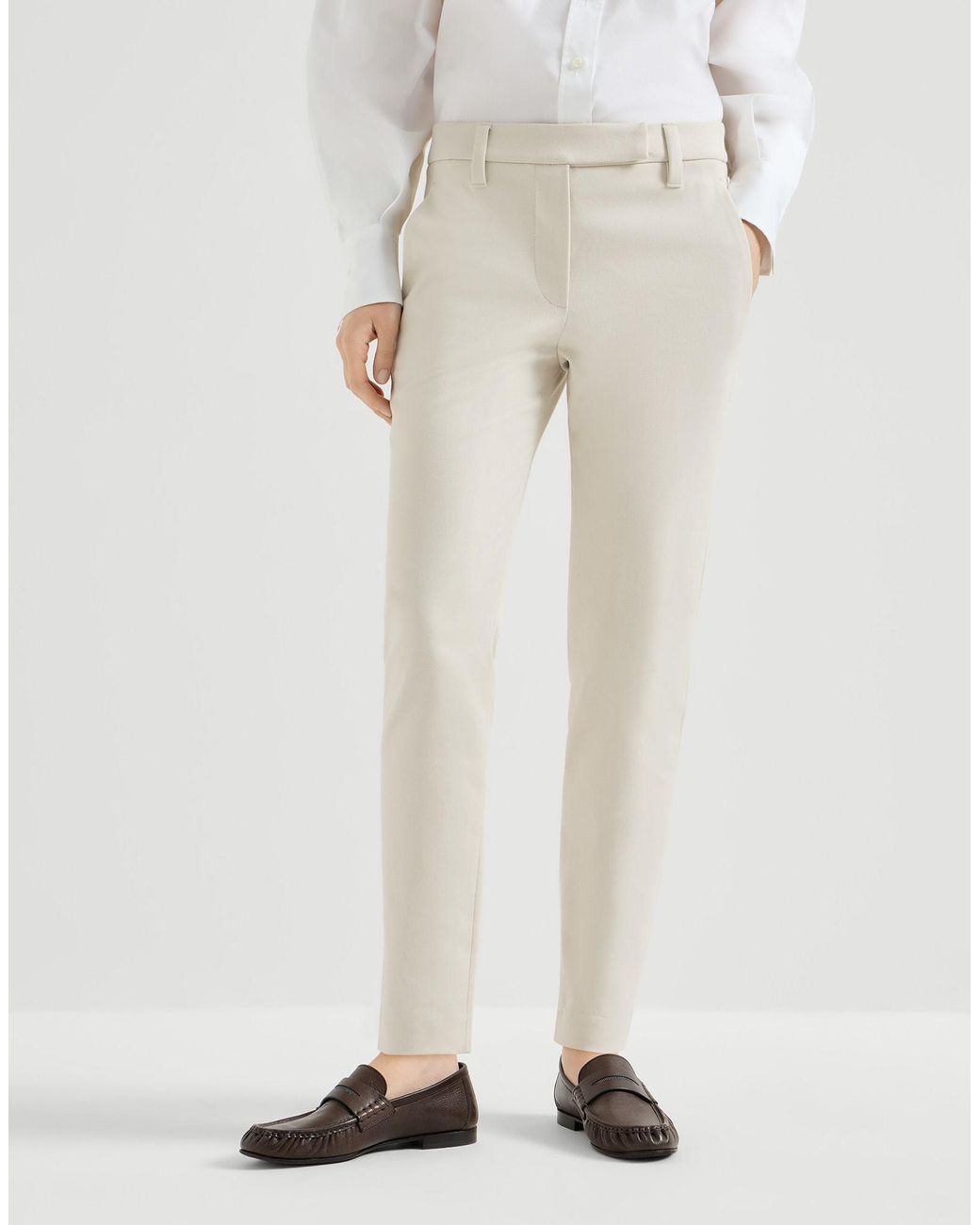Brunello Cucinelli White Stretch Cotton Cover Slim Fit Trousers