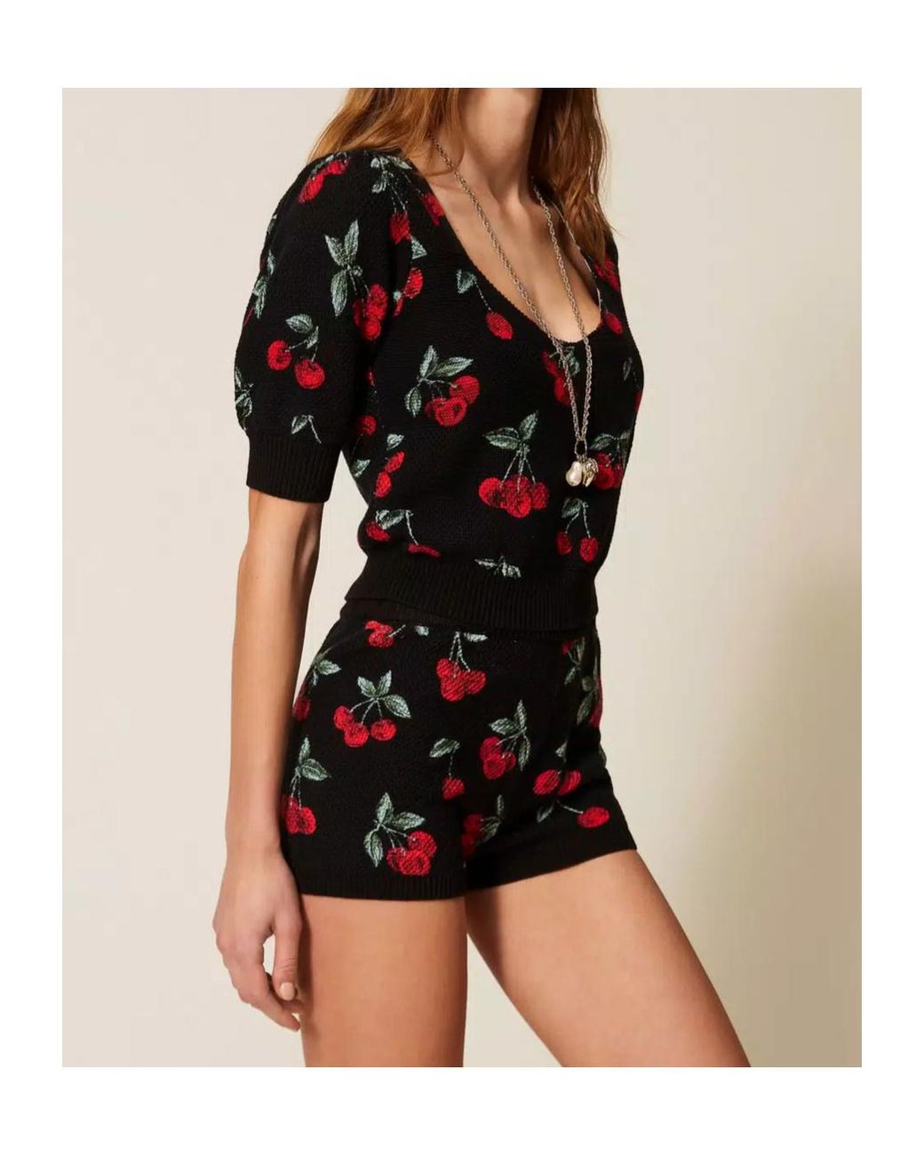 Twinset Blue Cherry-Print Short-Sleeve Knitted Top