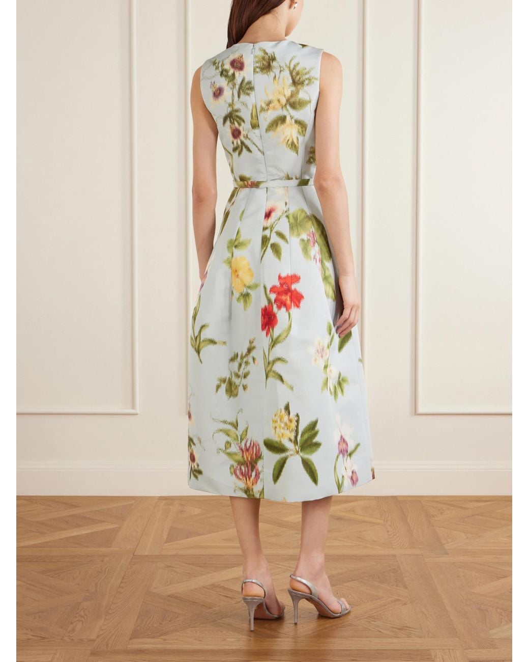 Oscar de la Renta White Belted Floral-Print Faille Midi Dress
