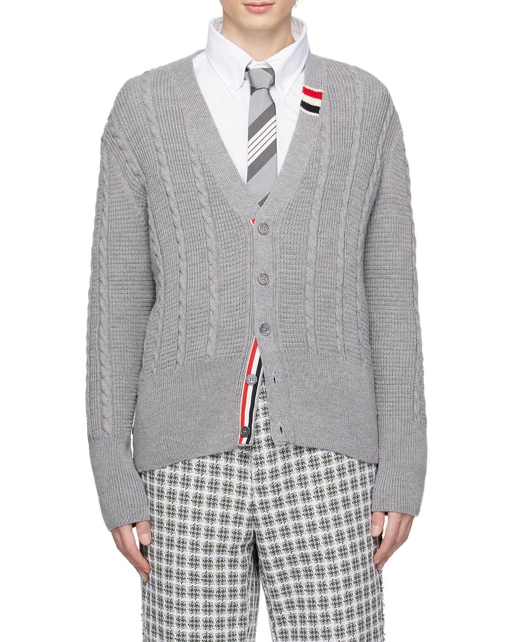 Thom Browne Gray V-Neck Buttoned Knitted Cardigan for men