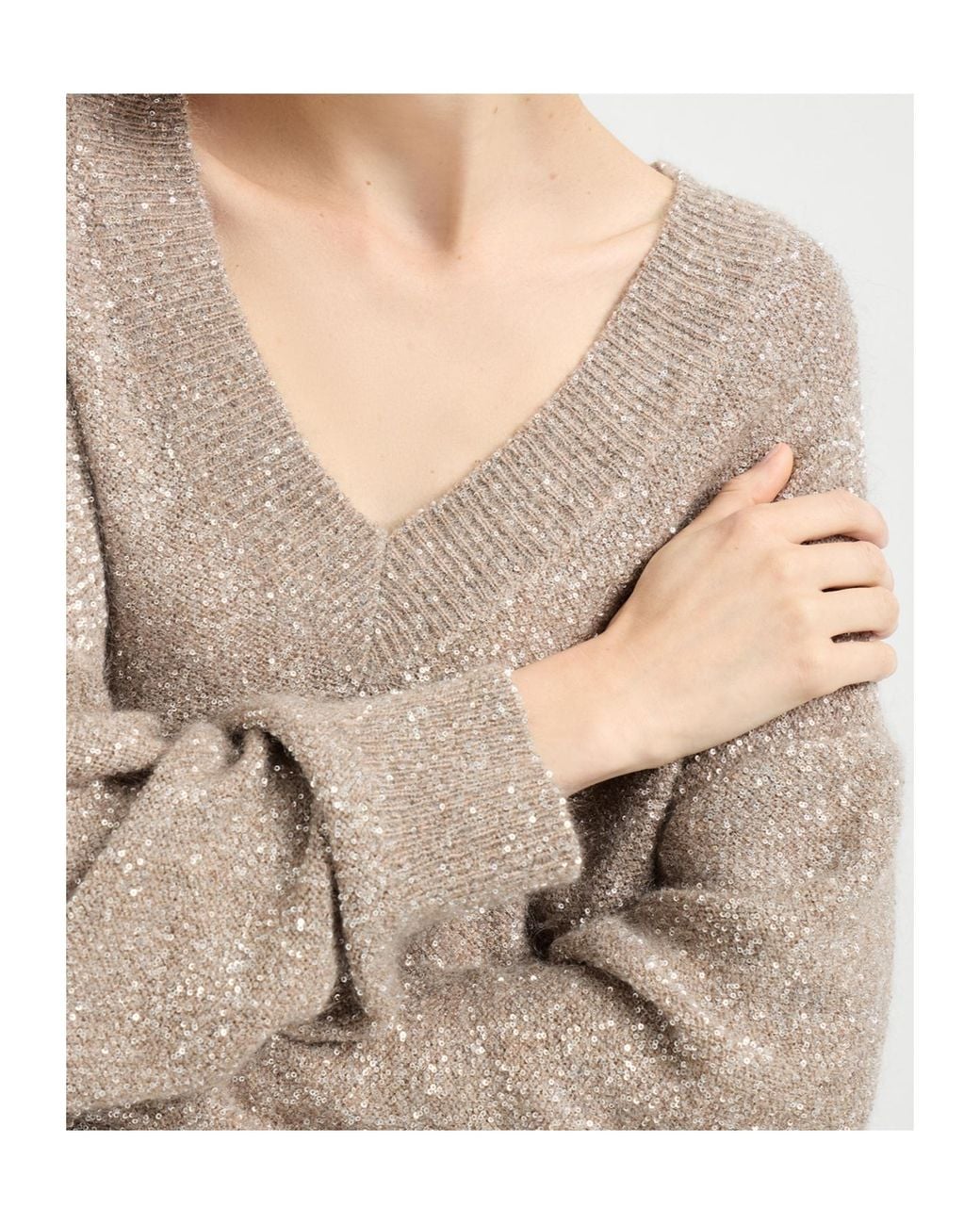 Brunello Cucinelli Natural Sequined V-Neck Knitted Sweater
