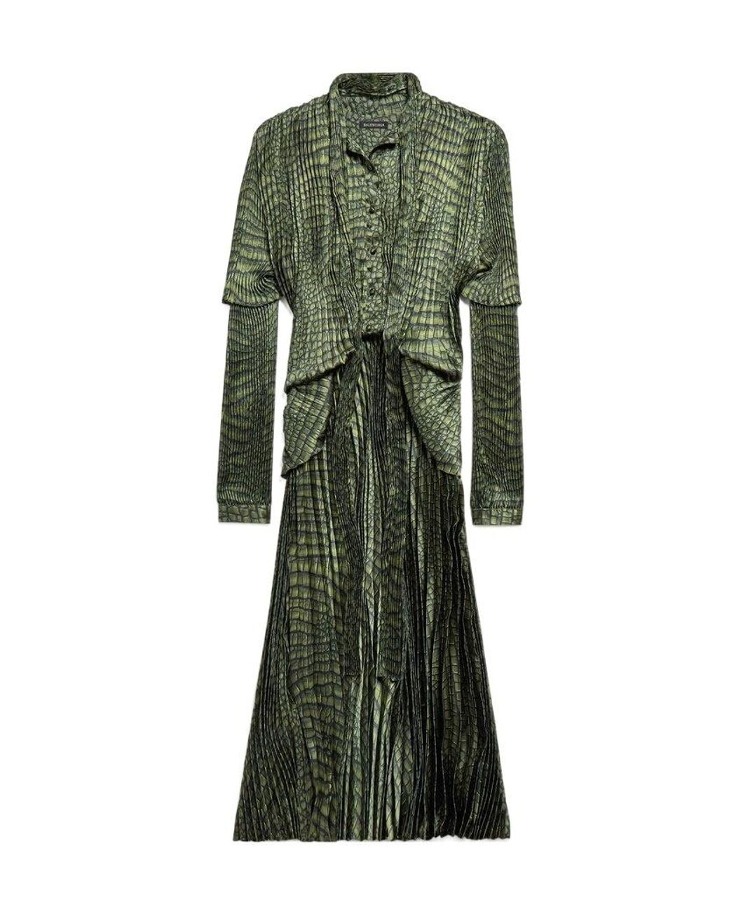 Balenciaga Green Robe Pleated Double-Sleeved Dress