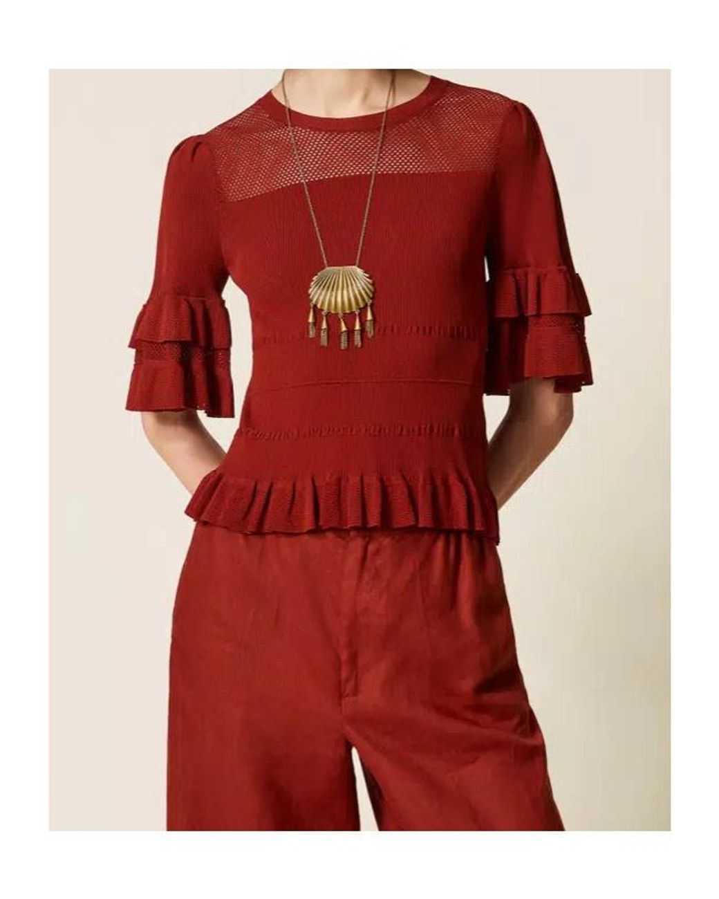 Twinset Red Ruffle Rib Knit Mesh Jumper