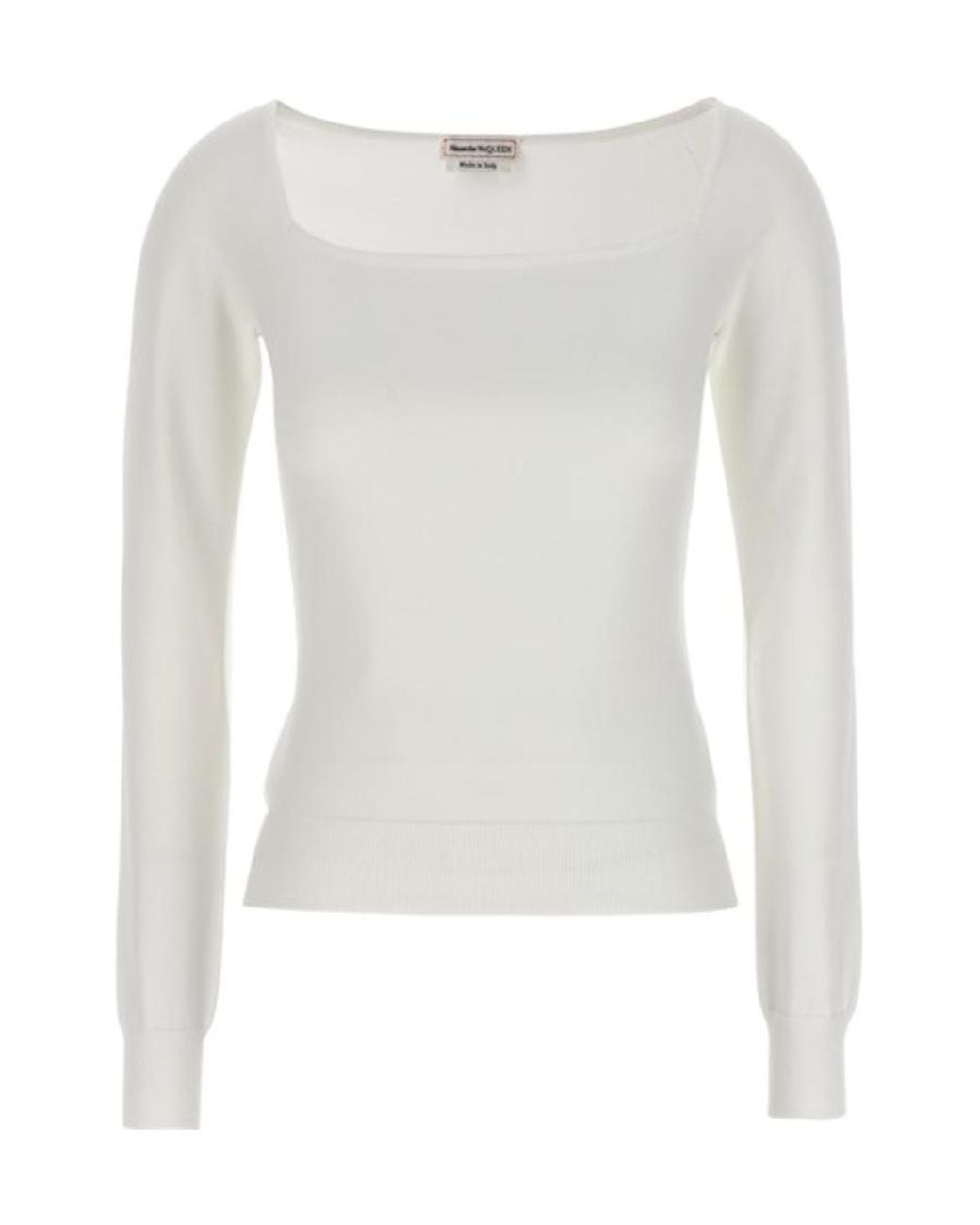 McQueen White Long Sleeved Square-Neck Knitted Top