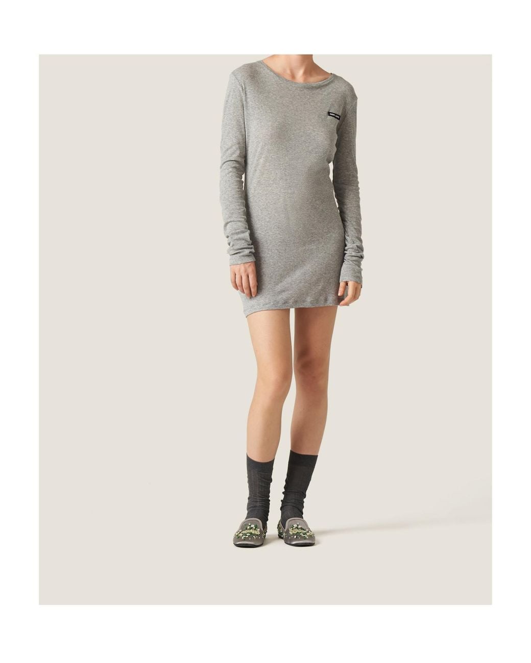 Miu Miu Gray Ribbed Knit Jersey Dress